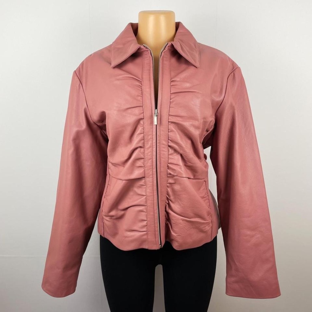 Vintage 90s‎ Y2K Pink Leather Rose Blush Colored Ruched Jacket - Picture 2 of 8